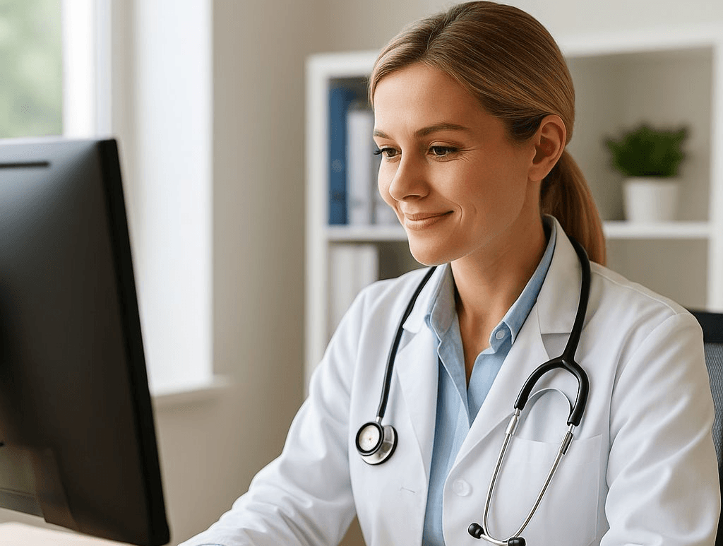 healthcare professional reviewing digital medical notes on a tablet