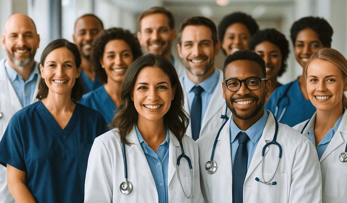 healthcare professional smiling while using tablet with medical software