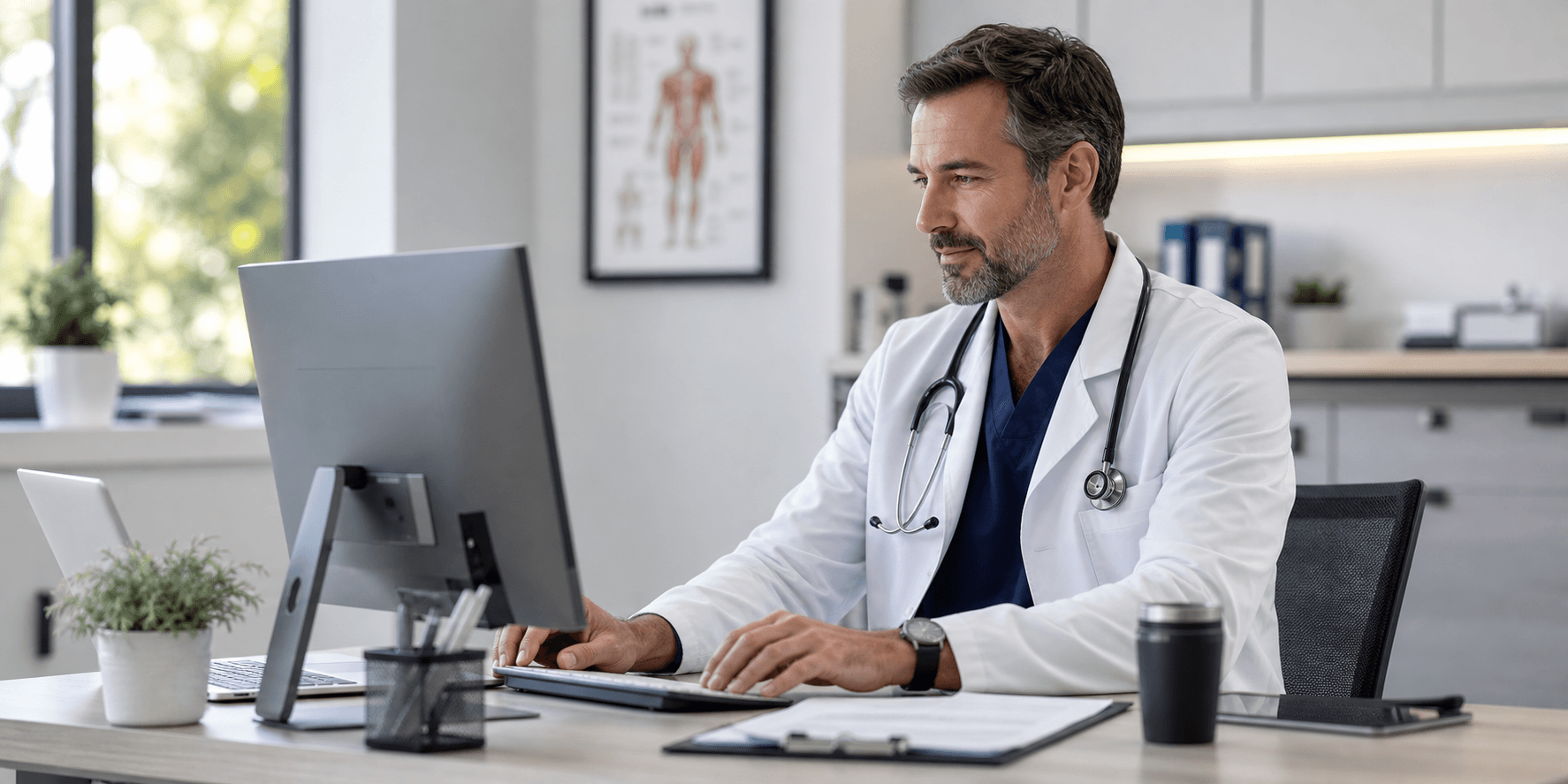 Physician using a clinic workstation to complete documentation efficiently