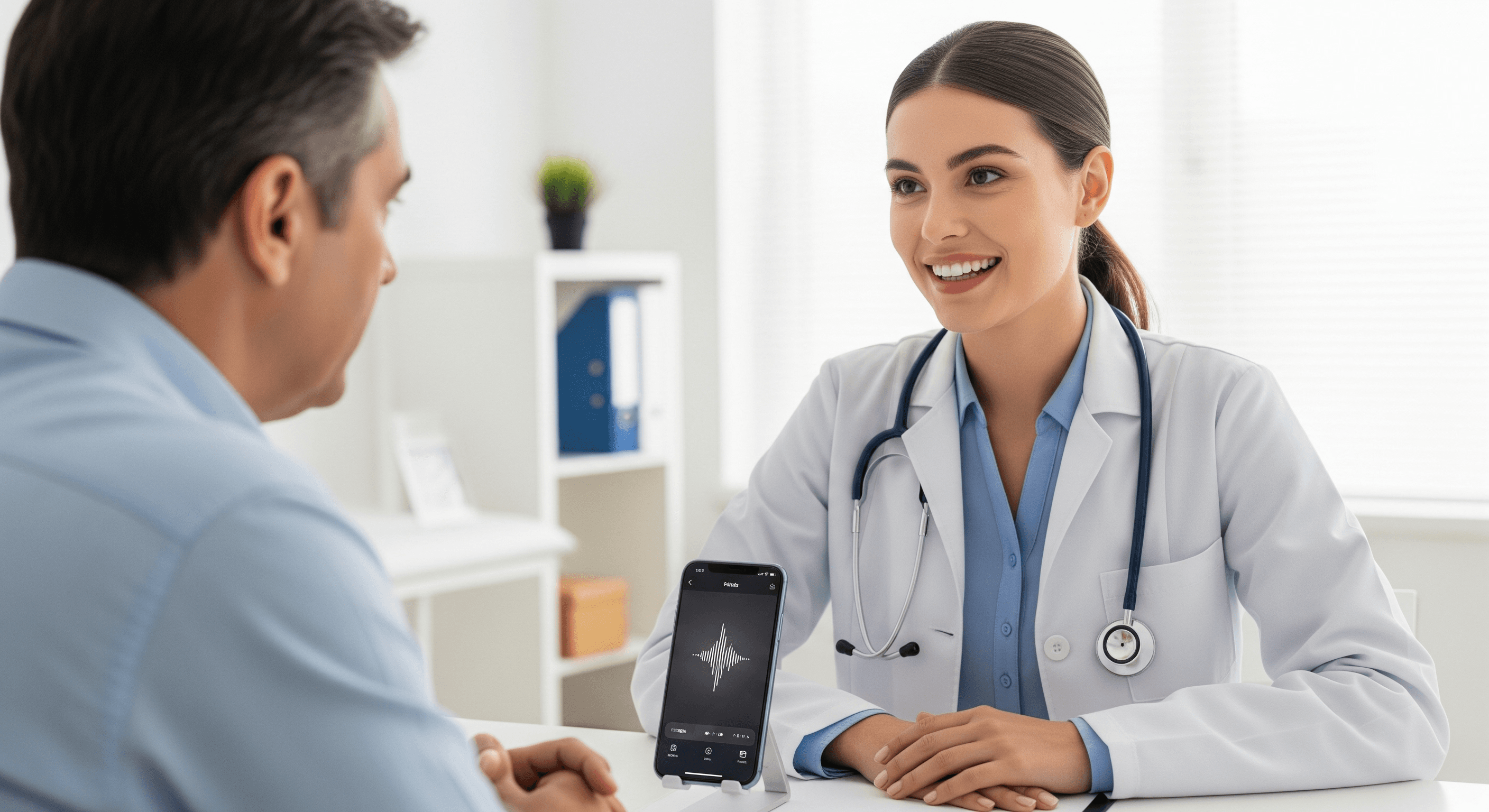 doctor speaking with patient while a mobile device records their conversation